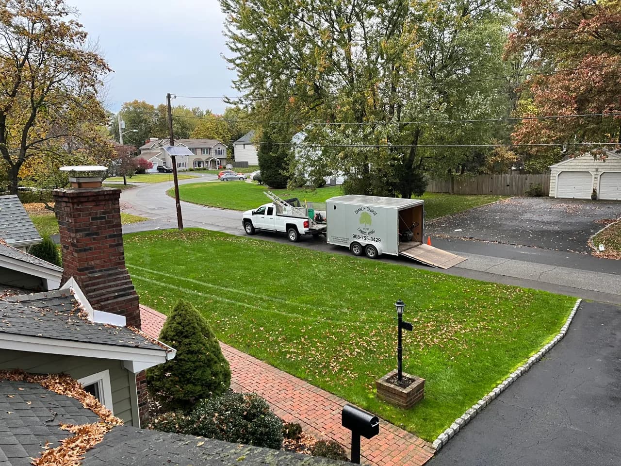 Backyard landscaping with green lawn