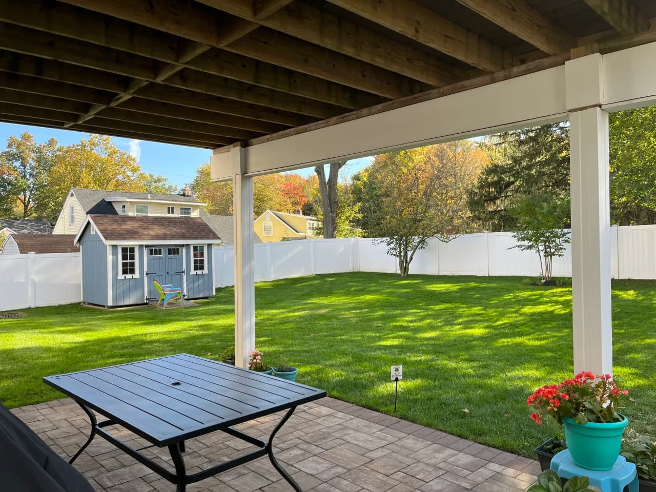 Backyard patio and lawn care in fall