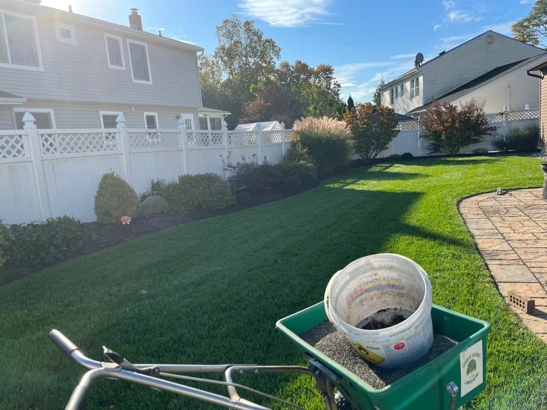Fertilizer spreader on a backyard lawn